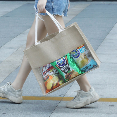 Retro Linen Transparent Handbag – Eco-Friendly & Large Capacity Tote