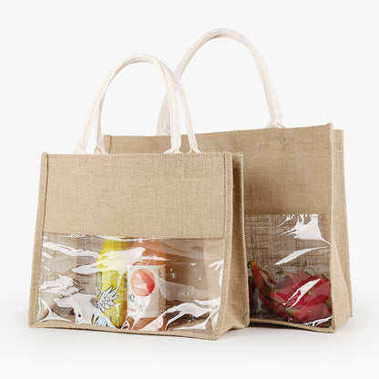 Retro Linen Transparent Handbag – Eco-Friendly & Large Capacity Tote