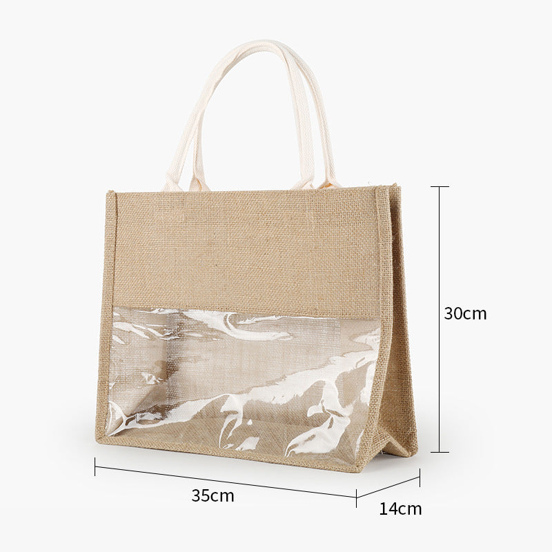 Retro Linen Transparent Handbag – Eco-Friendly & Large Capacity Tote