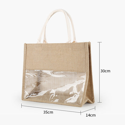 Retro Linen Transparent Handbag – Eco-Friendly & Large Capacity Tote